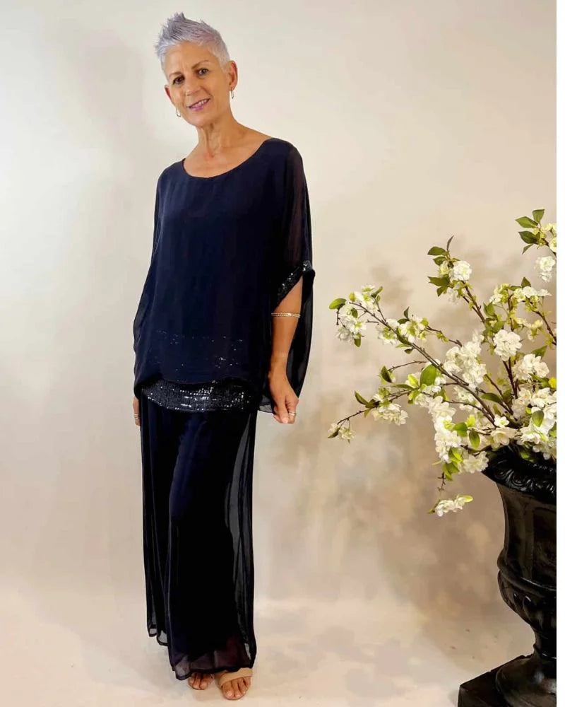 VISCOSE SEQUIN TRIM TOP - Navy