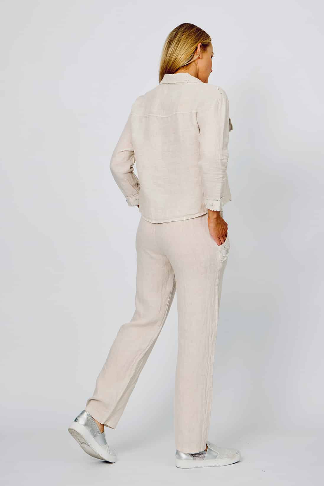 100% Linen Bling Patch Pocket Pants - Beige