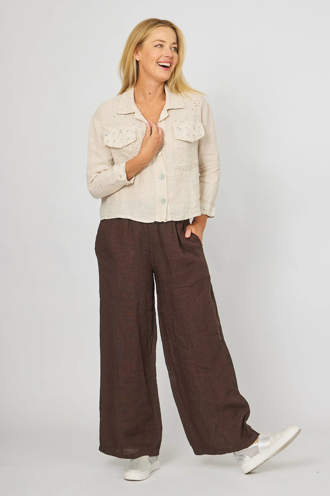 100% LINEN WIDE LEG PANTS - Brown