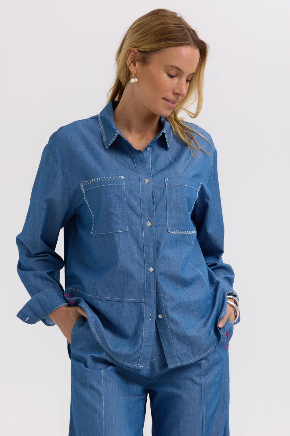 Hand Work Denim Shirt - Washed Denim
